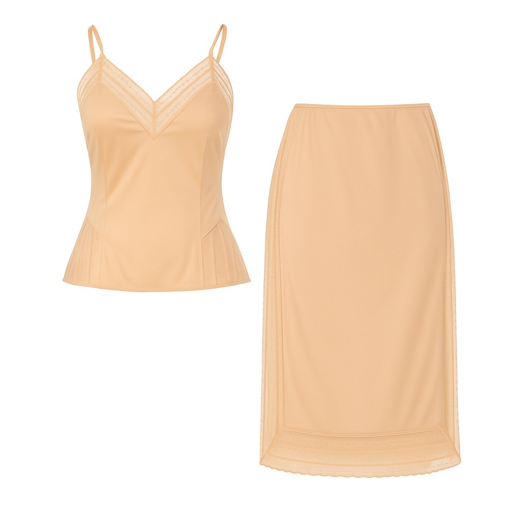 VTG Peach Lingerie Set – Cami 38 & Slip Skirt L, Lace Trim, Retro Pin-up USA
